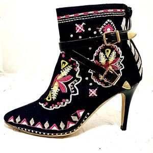 Bohemian-Chic Stiletto Embroidered Black Ankle Boots